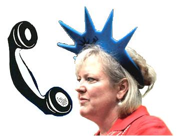 the woman is wearing a blue head piece and listening to the radio