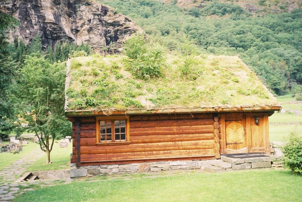a log house that has grass on the roof