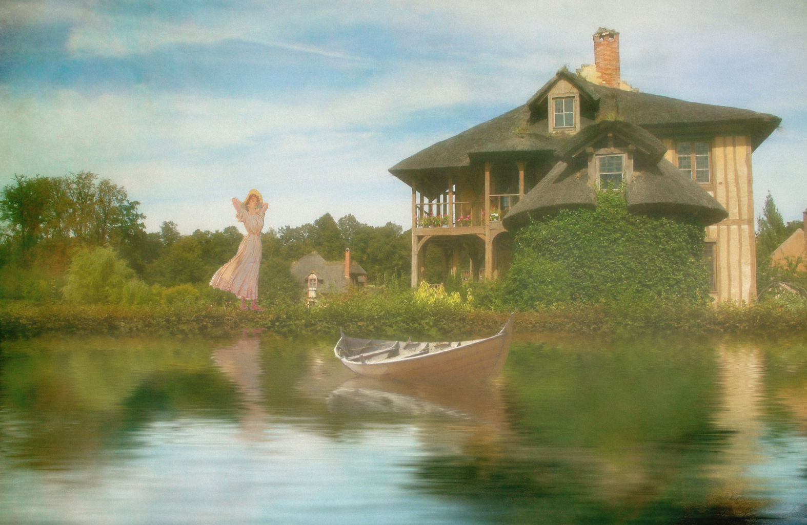 a painting of a house and a boat are pictured
