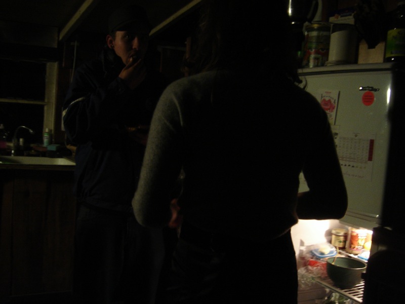 a couple of people stand in the dark near an open refrigerator