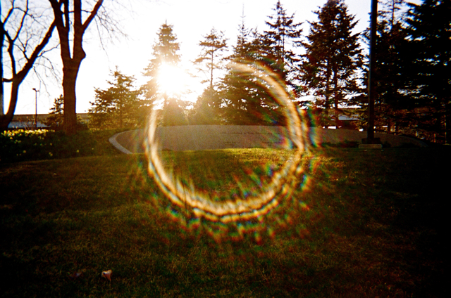 a large circular object sits in the middle of some grass