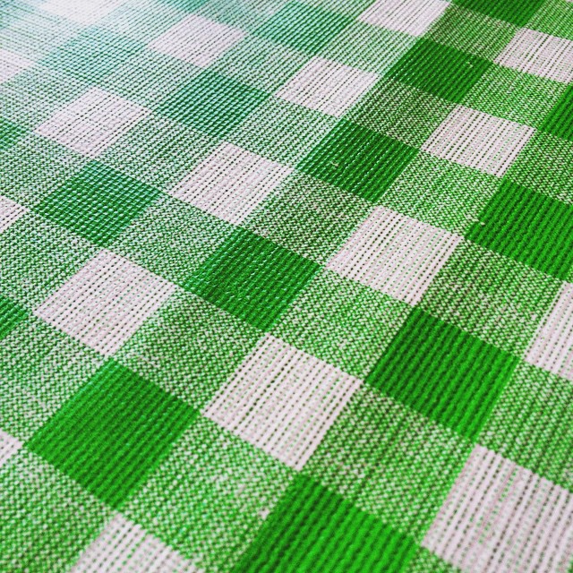 a green and white checkered table cloth