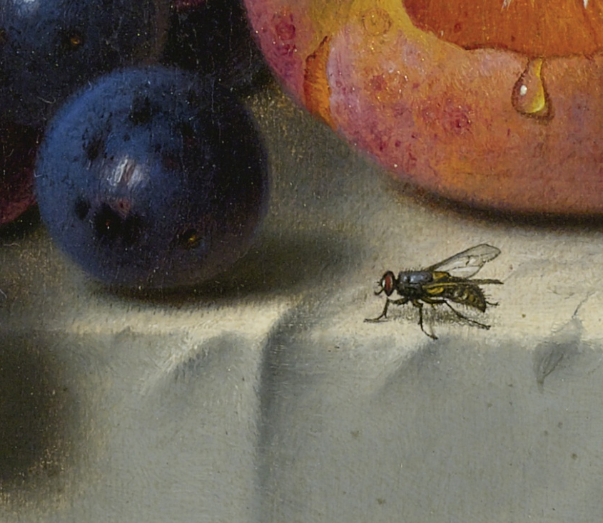 a bee sitting on top of a table next to fruit