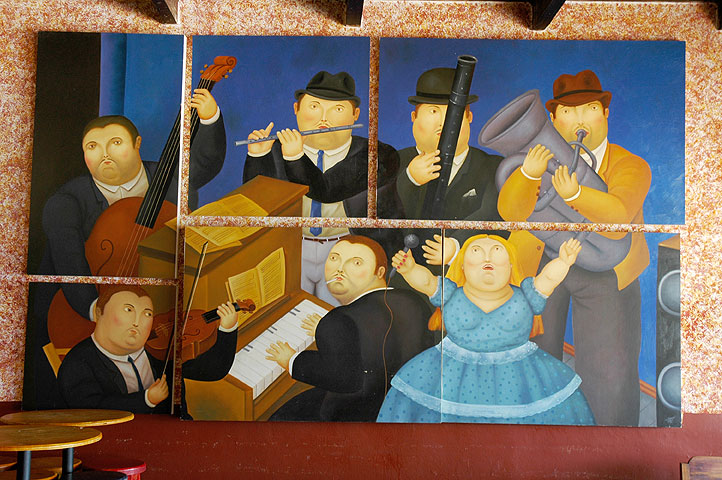three paintings of people and musical instruments in the same room