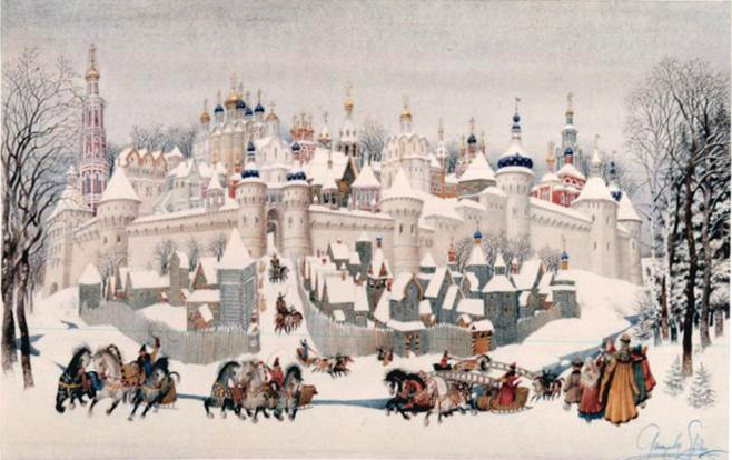 a scene with many buildings that are in the snow