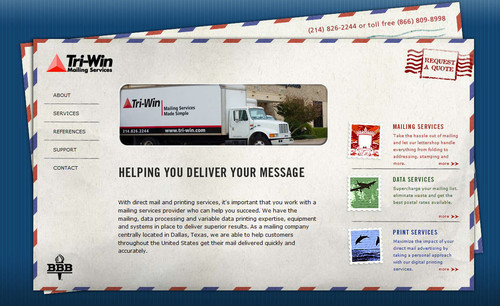 a mail envelope filled with a red, white and blue mail card