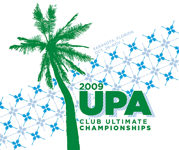 a logo depicting a palm tree, stars and circles around it