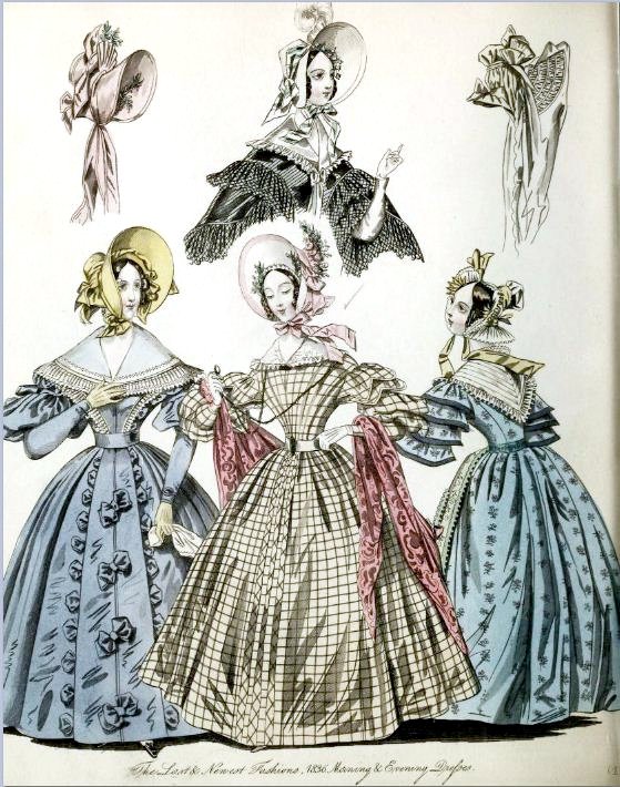three victorian ladies in evening dresses, one wearing a headdress