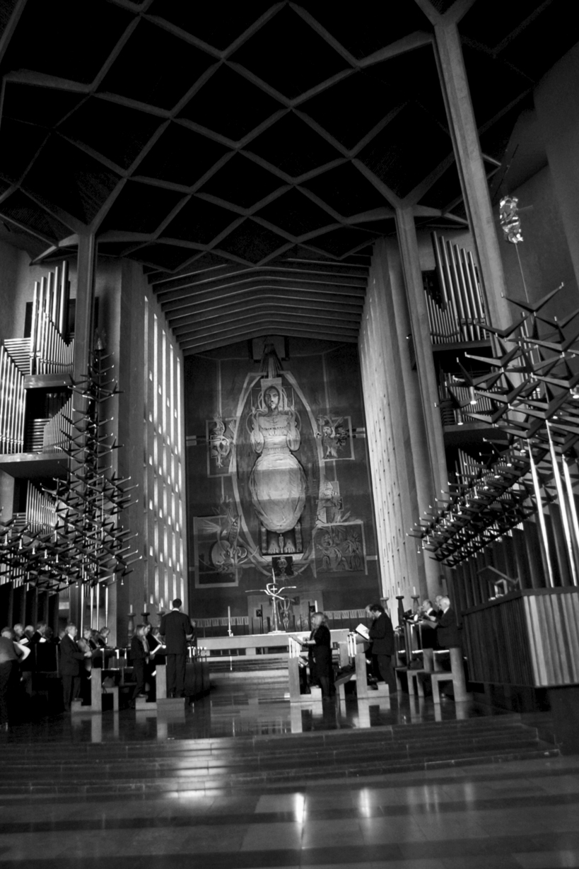 black and white pograph of the inside of a church