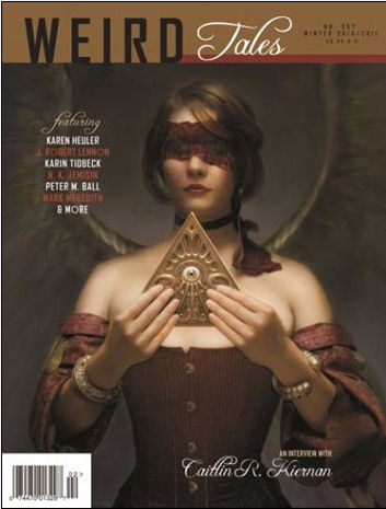 the cover of weird tales, featuring a girl with an angel mask