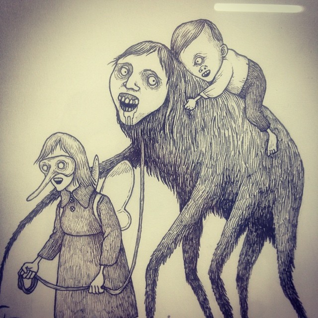 drawing of child being held by large, creepy head with larger monster next to it