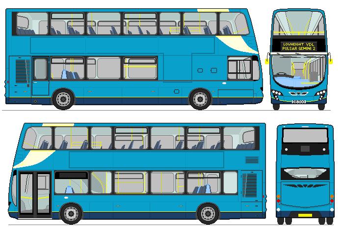 the front, back and side view of a double decker bus