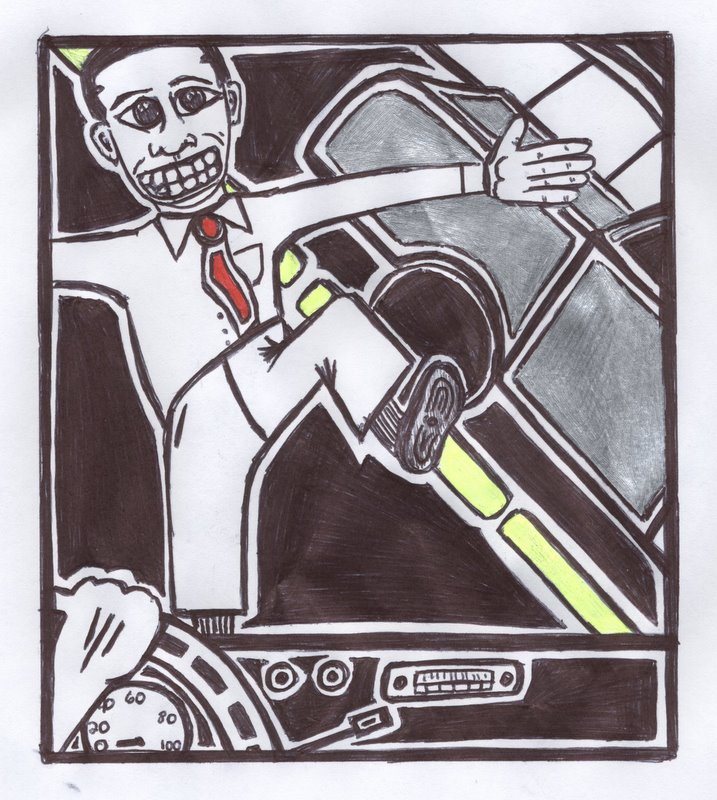 the drawing shows a man driving a car with his hand on the steering wheel
