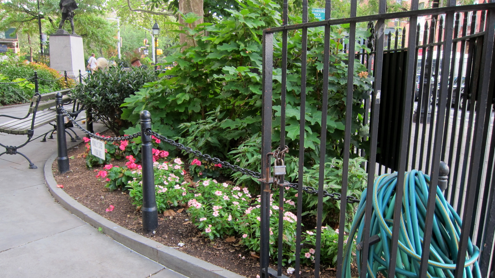 there is a garden next to a black fence