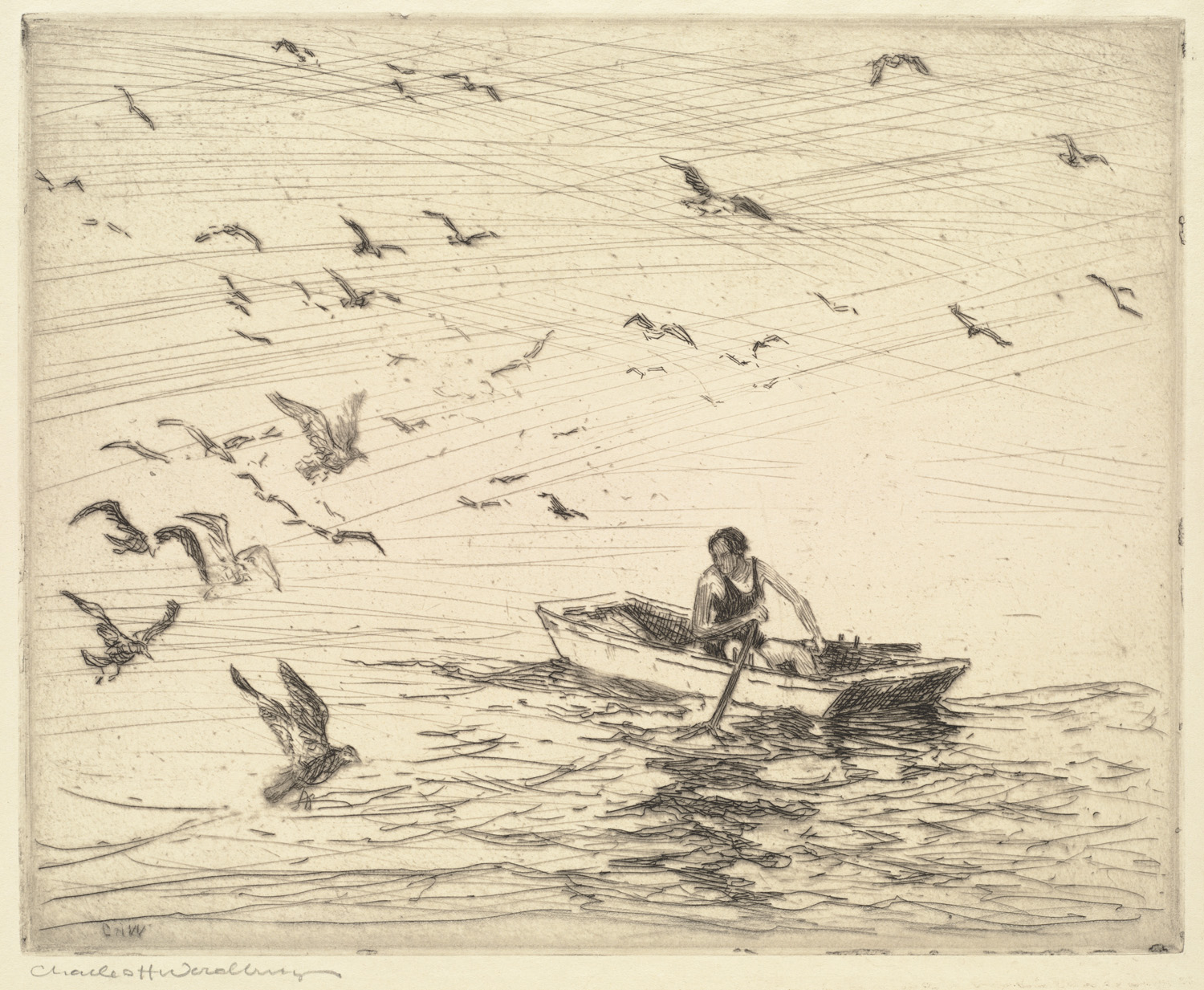 a drawing of a person on a boat surrounded by birds