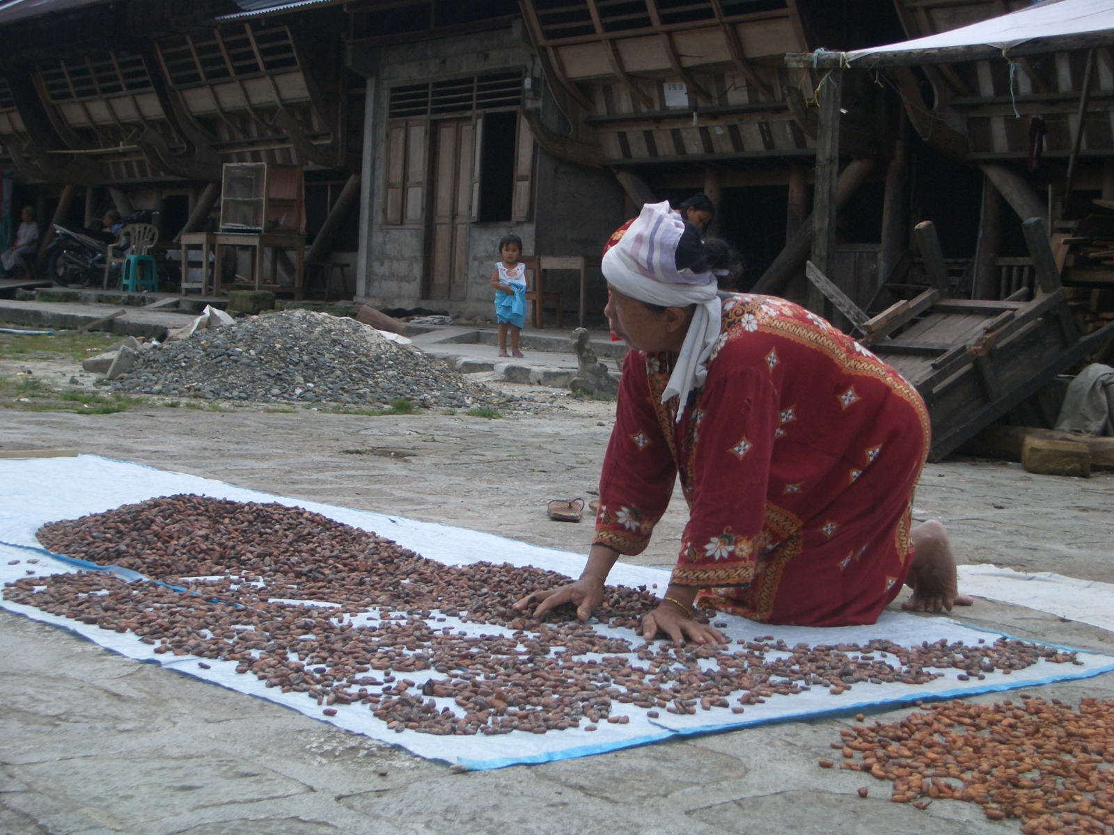 woman sorting roasted beans on the floor in front of her home