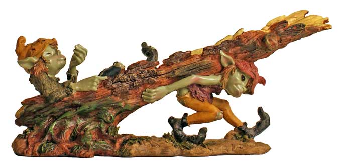 there is a figurine of a tree nch with a man crawling in it