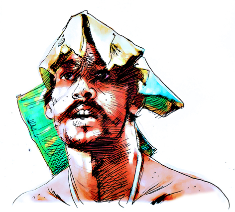 a drawing of a man with a paper hat on his head