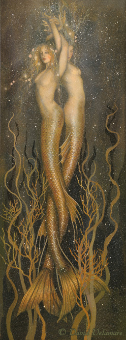 a painting of two mermaids standing in water