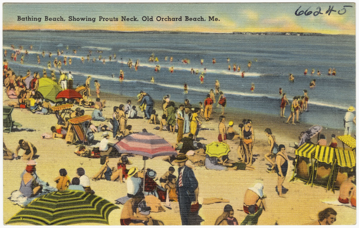 an ocean beach scene shows people on the sand, under the umbrellas and several in striped outfits