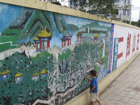 a boy looks at a wall mural of an asian countryside