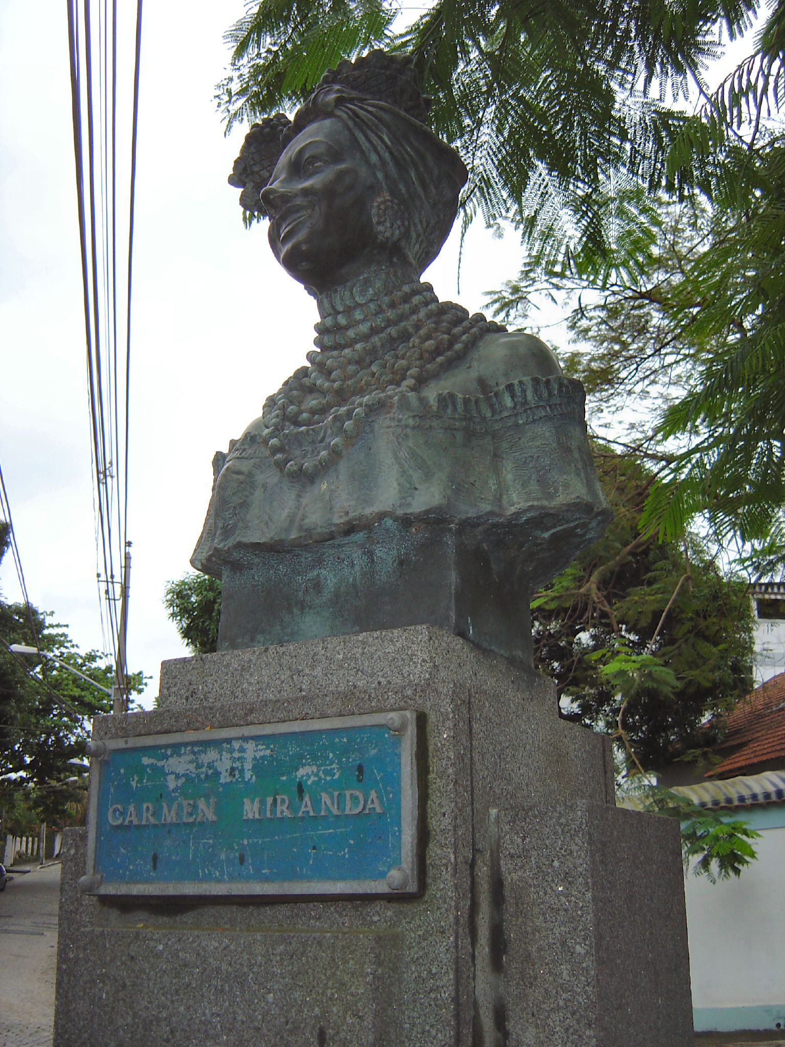 statue of man with id and sign next to a building