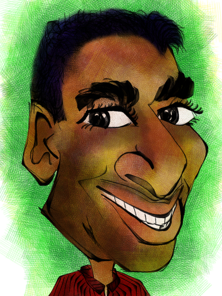 a caricatured man wearing a tie has a big smile