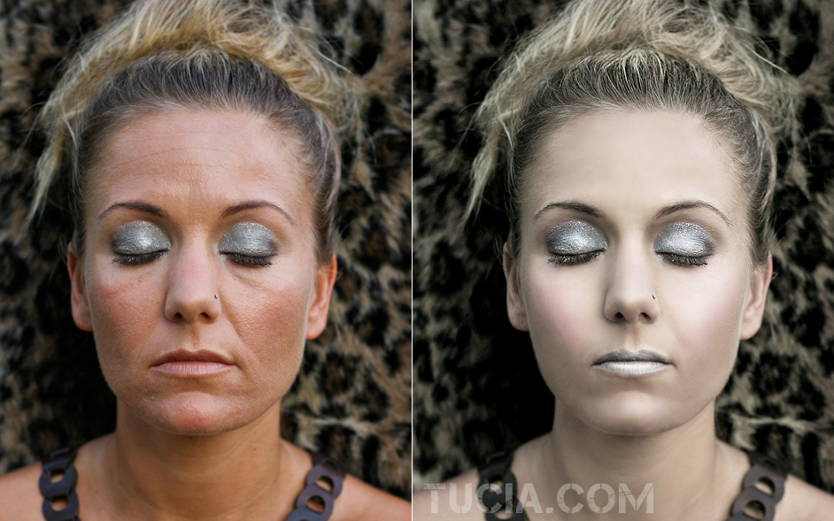 two woman with silver eyes have the same make - up