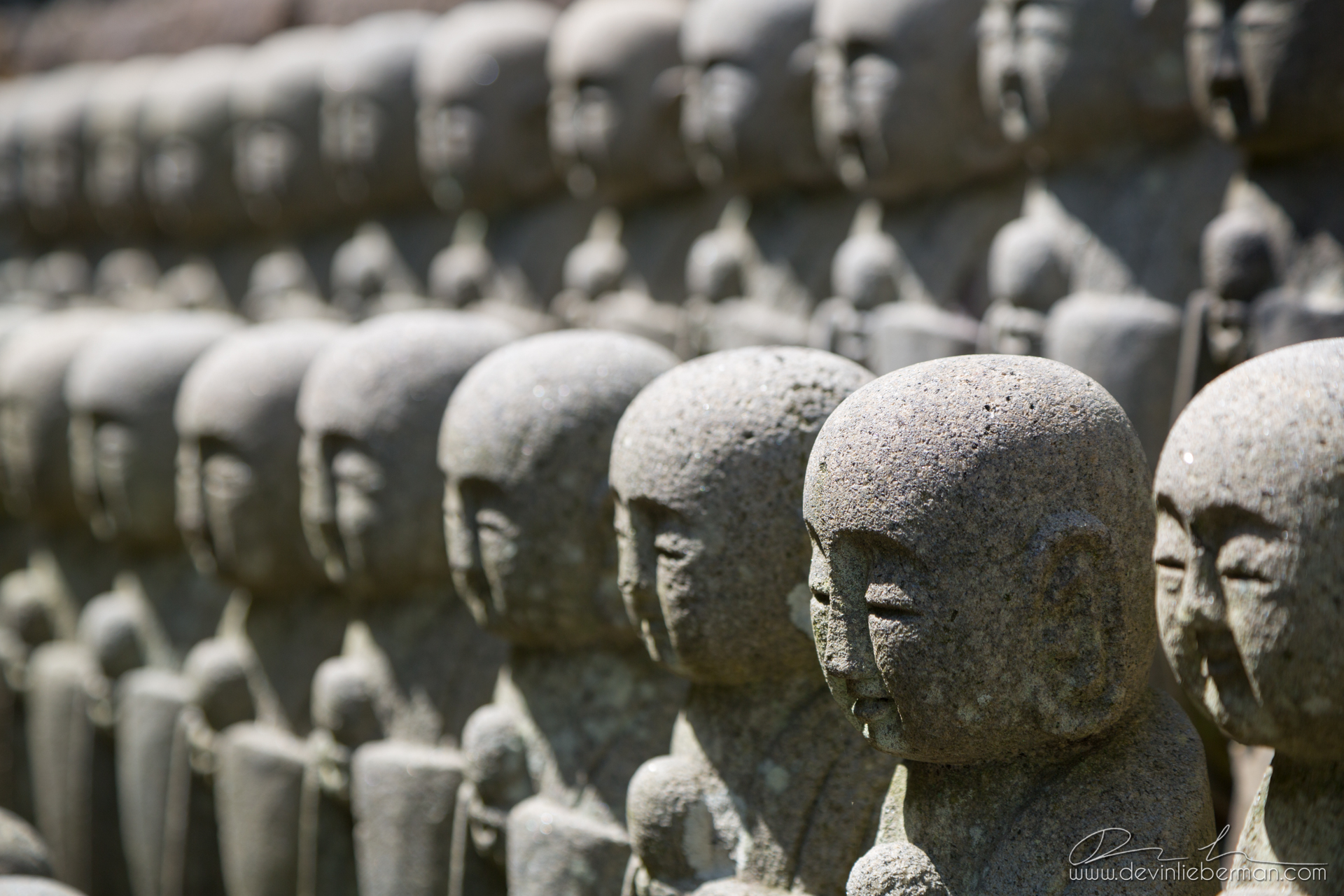 a display of various stone head heads in rows