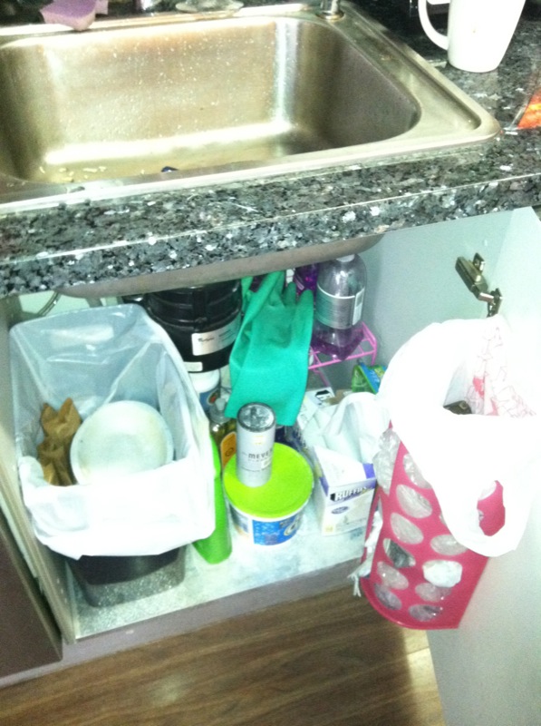 a kitchen sink and shelves with plastic bags, dishes and cups