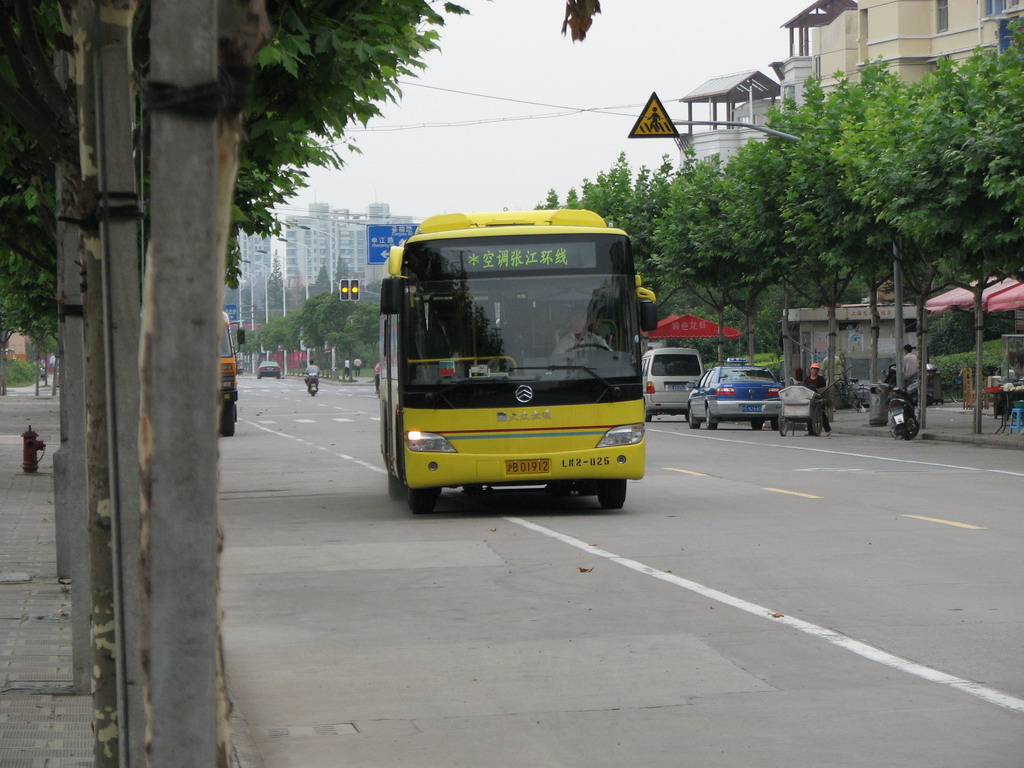 a yellow bus traveling down the road by some trees