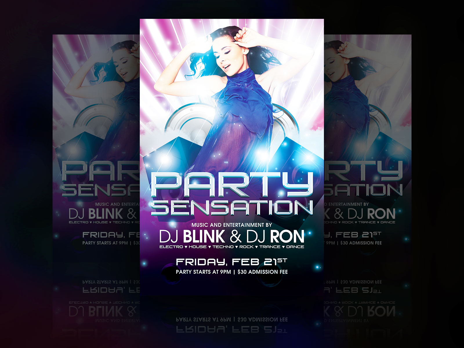 a party flyer with a woman on a dj mixer