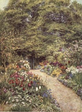 a painting showing a pathway going through some colorful flowers