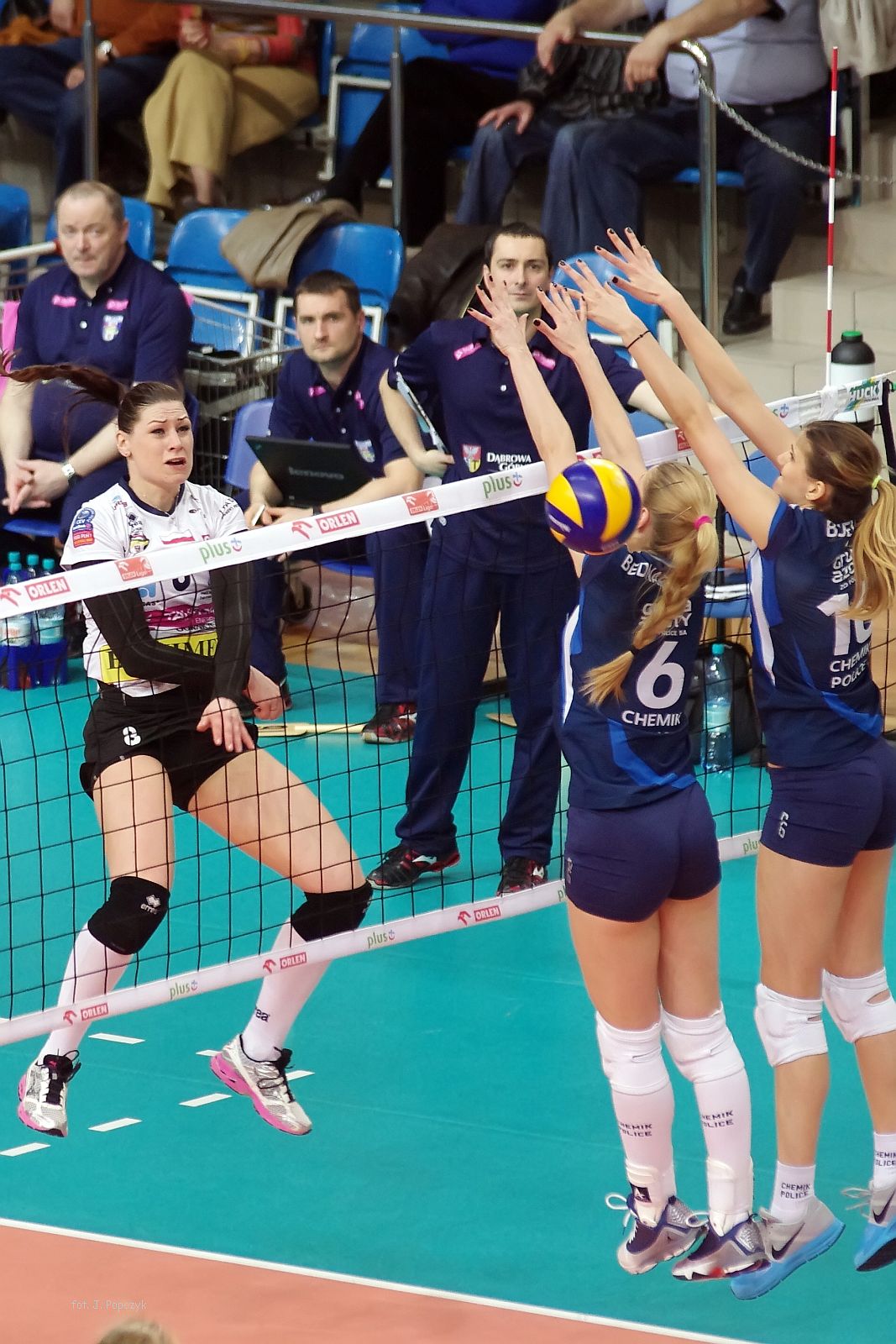 four female volleyball players are getting ready to serve the ball