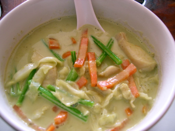a bowl of soup with carrots, noodles and chicken