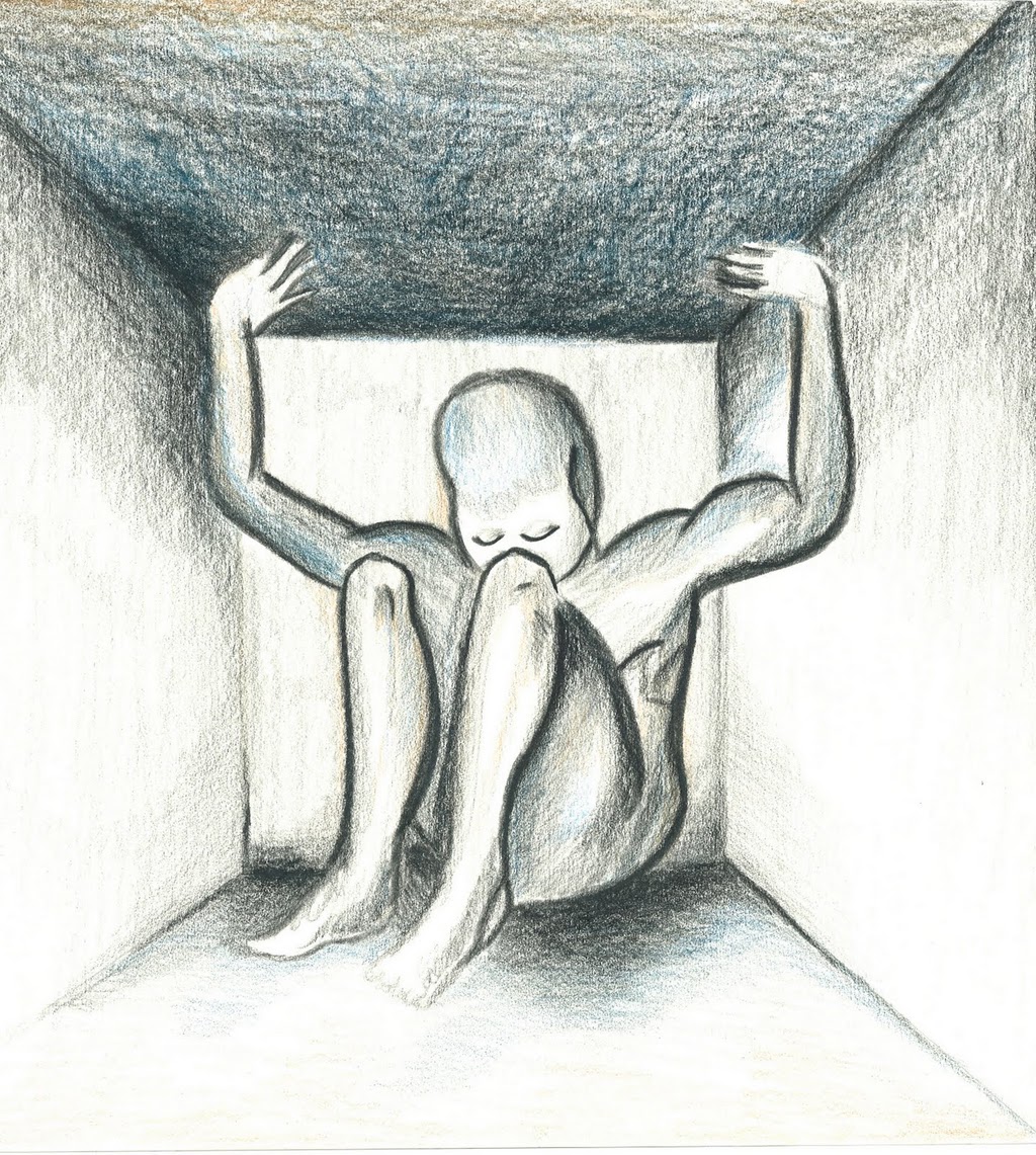 a drawing of a person hiding in the corner of a room