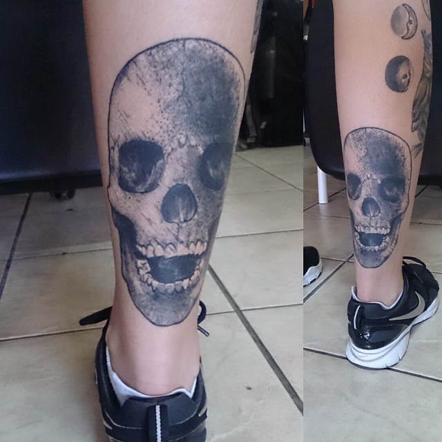 two pictures of legs with different tattoo designs