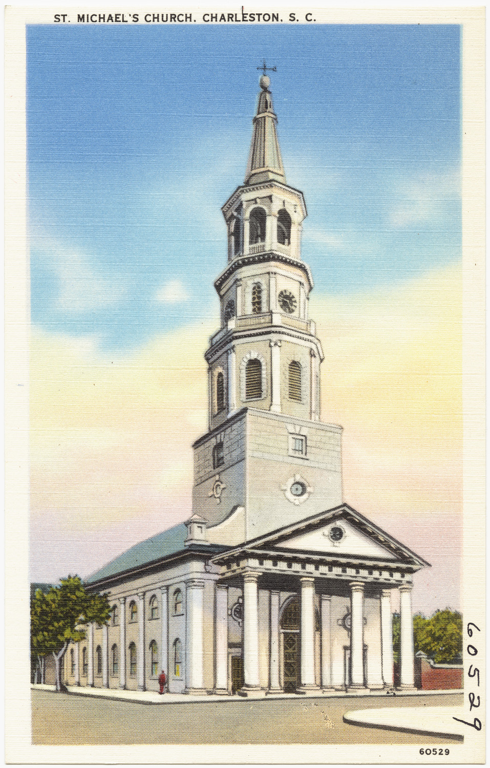 a colorized postcard with a church with a tower