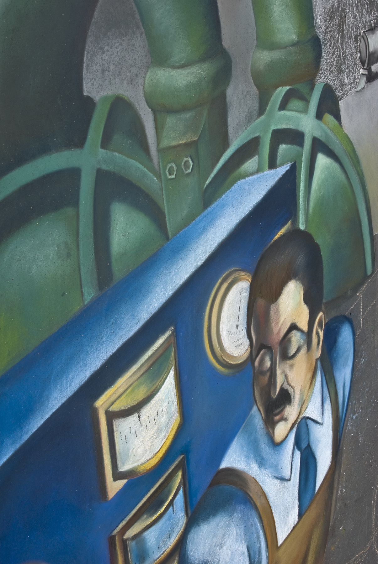 a painting of a man leaning against a machine