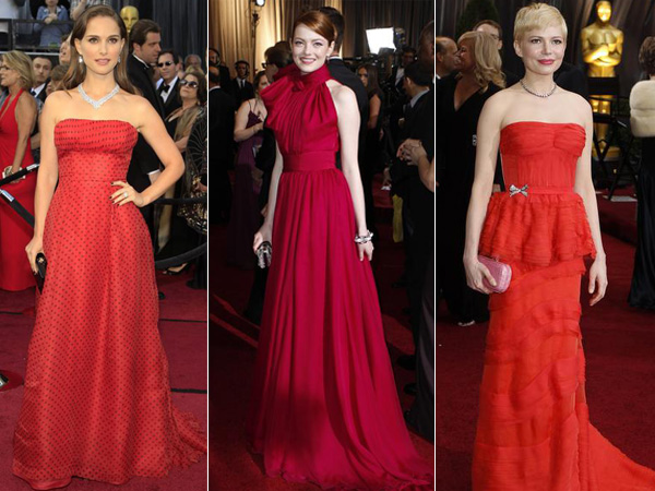 three different gowns on oscars red carpet