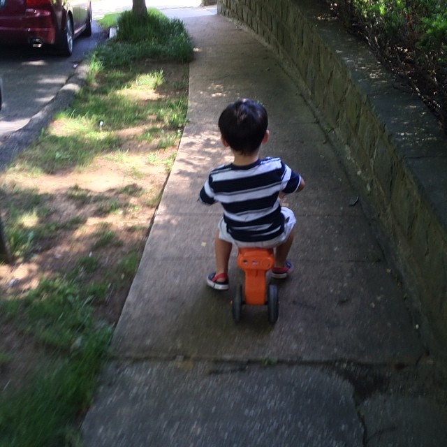 a small  riding a toy bike on the sidewalk
