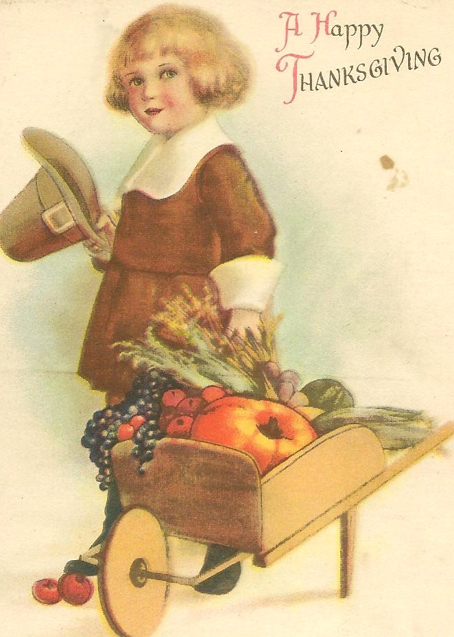 a little boy standing in a wheelbarrow holding a hat