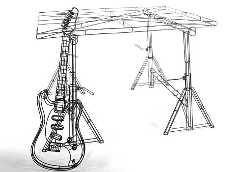 a guitar hanging on to a wooden stand