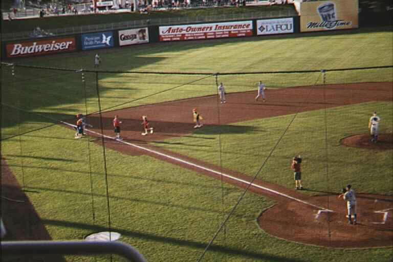 an aerial view of the baseball field during a game