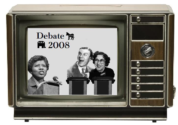 a tv that is showing the debate for president elect joe stewart
