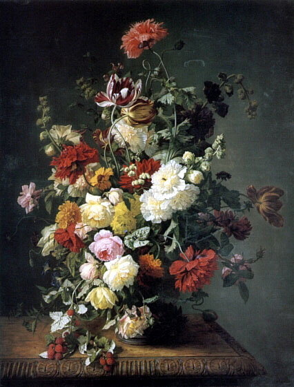 this is an image of flowers in a vase on a table