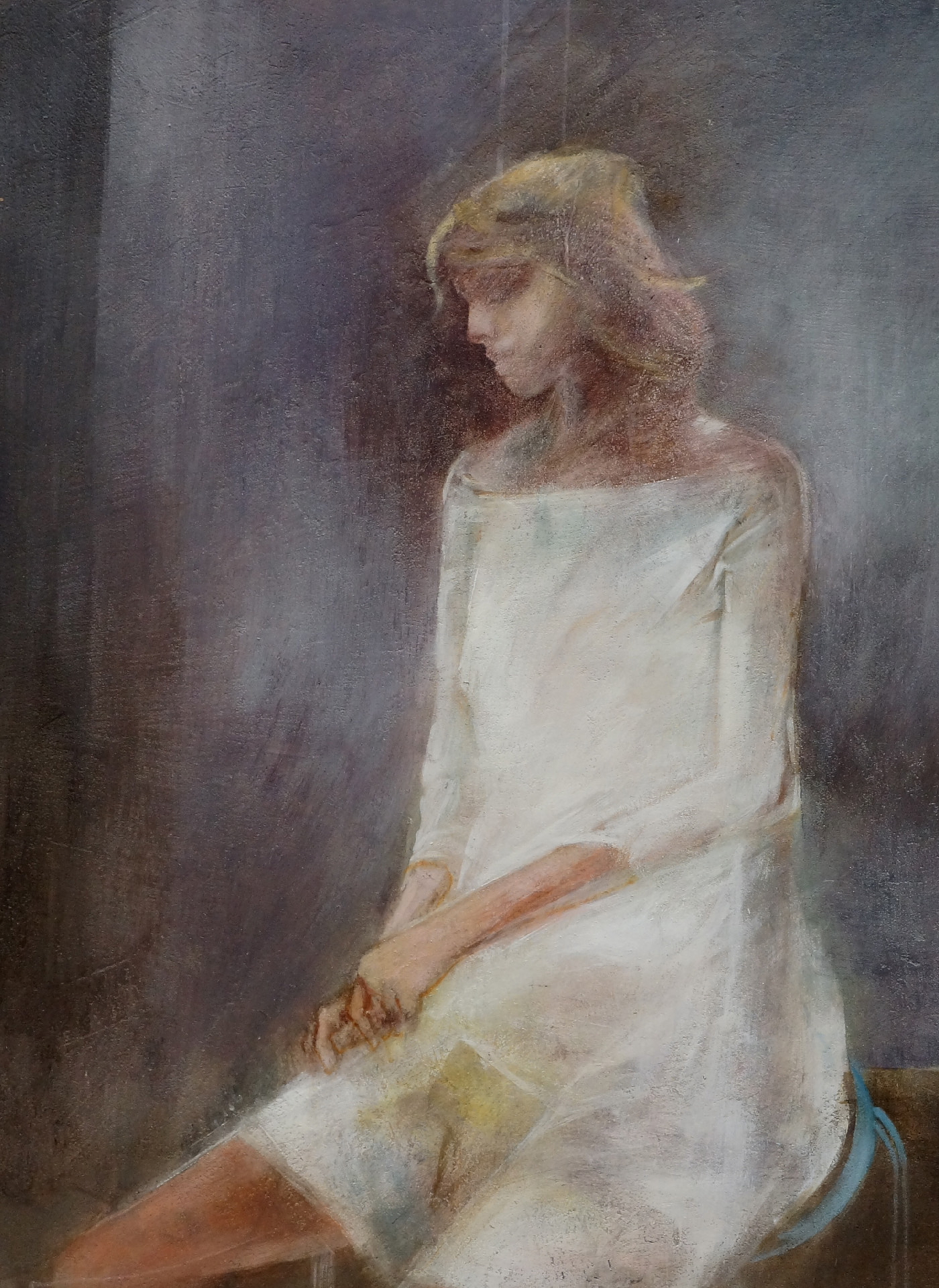 a painting of a woman sitting down looking down