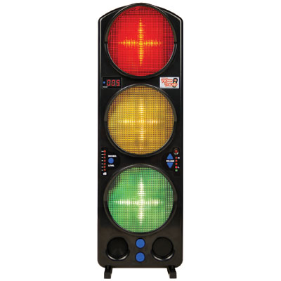 a traffic light with a speaker on top