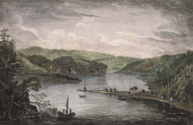 an illustration of an island and forest lake