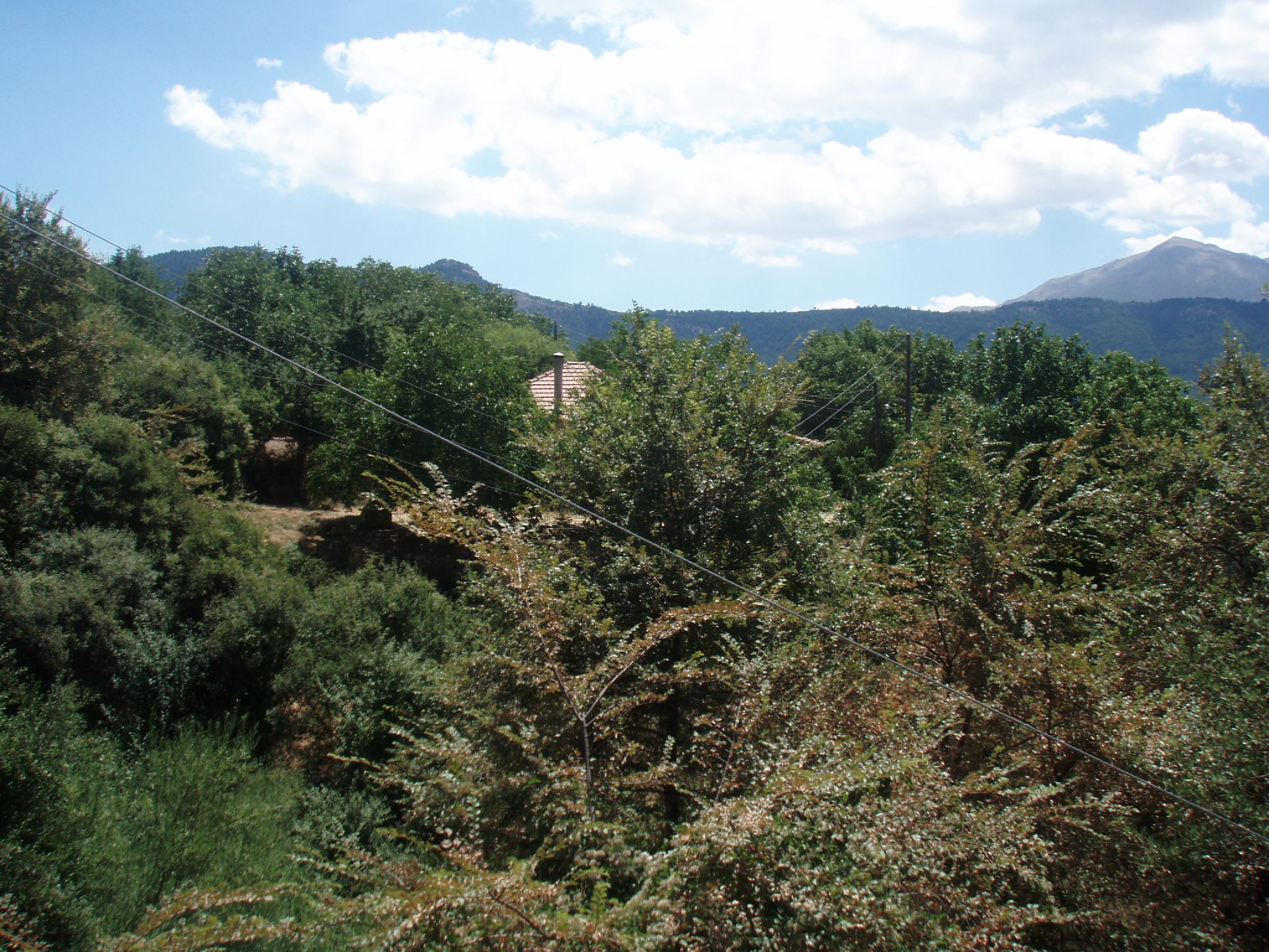 an image of a cabin nestled among trees and mountains